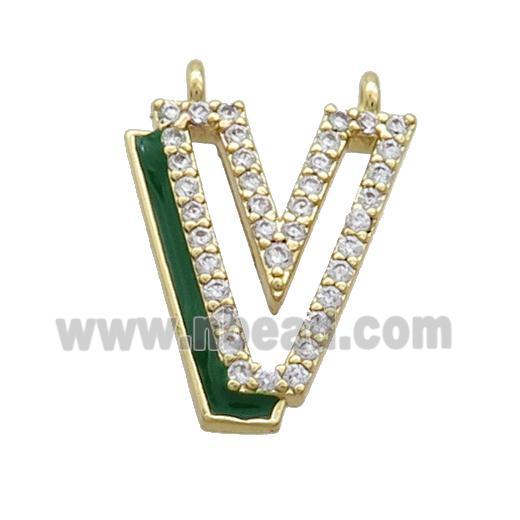 Copper Pendant Pave Zircon Green Enamel Letter-V 2loops Gold Plated