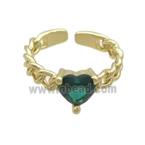 Copper Ring Pave Green Crystal Glass Heart Gold Plated