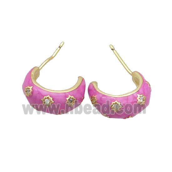 Copper Stud Earring Pave Zircon Hotpink Enamel Gold Plated