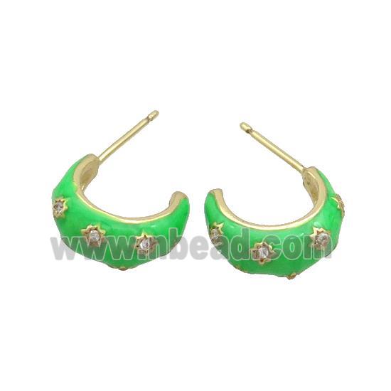 Copper Stud Earring Pave Zircon Green Enamel Gold Plated