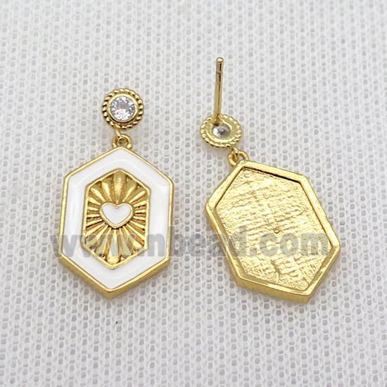 Copper Stud Earring Hexagon White Enamel Gold Plated