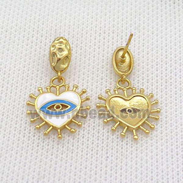 Copper Stud Earring Heart White Enamel Eye Gold Plated