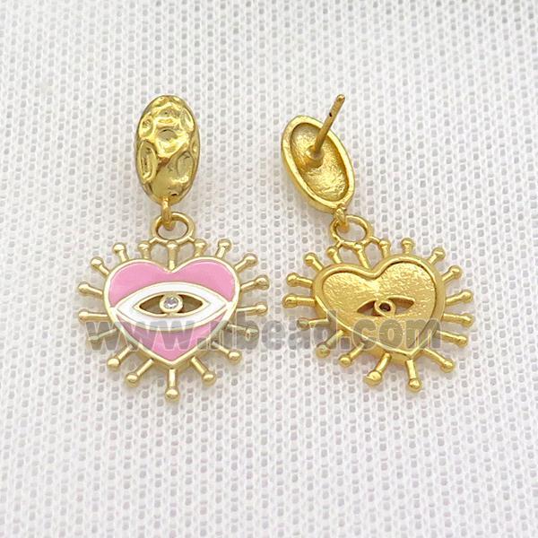 Copper Stud Earring Heart Pink Enamel Eye Gold Plated