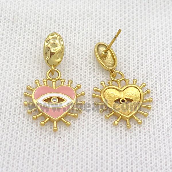 Copper Stud Earring Heart Pink Enamel Eye Gold Plated