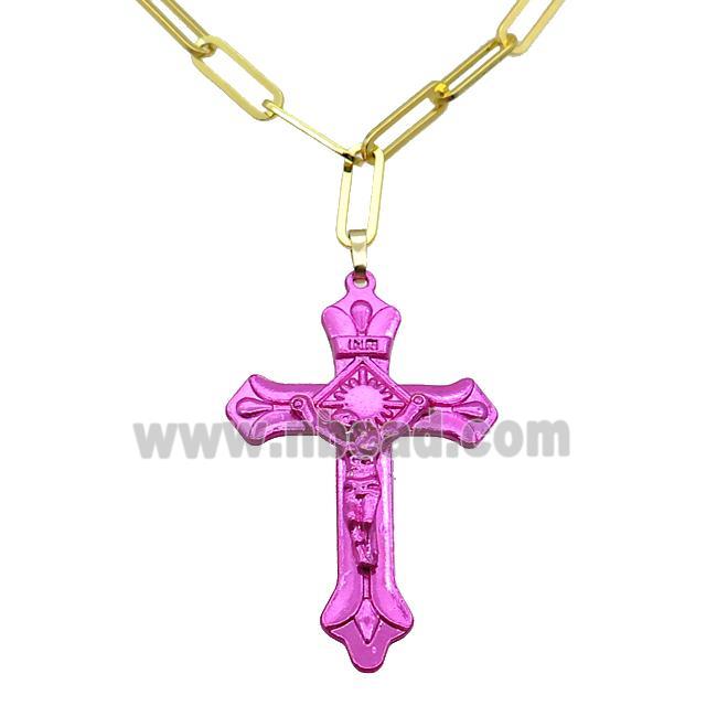 Copper Necklace Hotpink Lacquered Cross Gold Plated