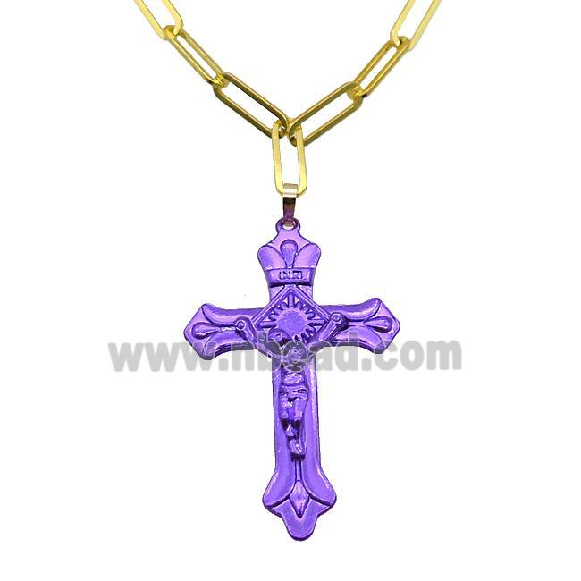 Copper Necklace Purple Lacquered Cross Gold Plated