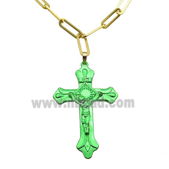 Copper Necklace Green Lacquered Cross Gold Plated