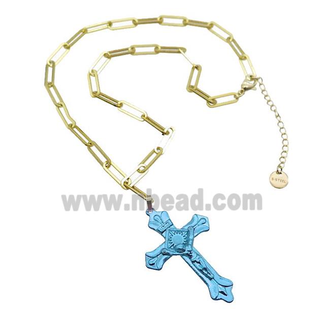 Copper Necklace Blue Lacquered Cross Gold Plated