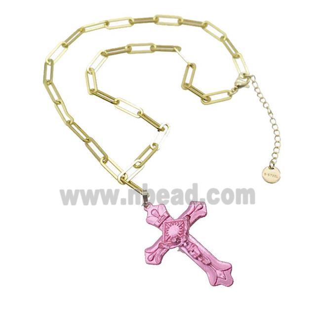 Copper Necklace Pink Lacquered Cross Gold Plated