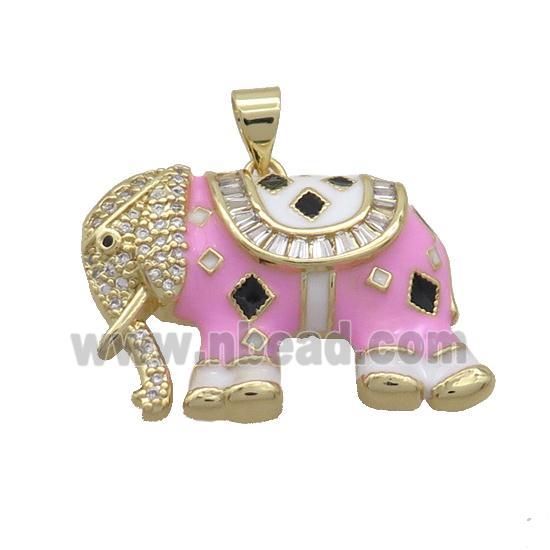 Copper Elephant Pendant Pave Zircon Pink Enamel Gold Plated