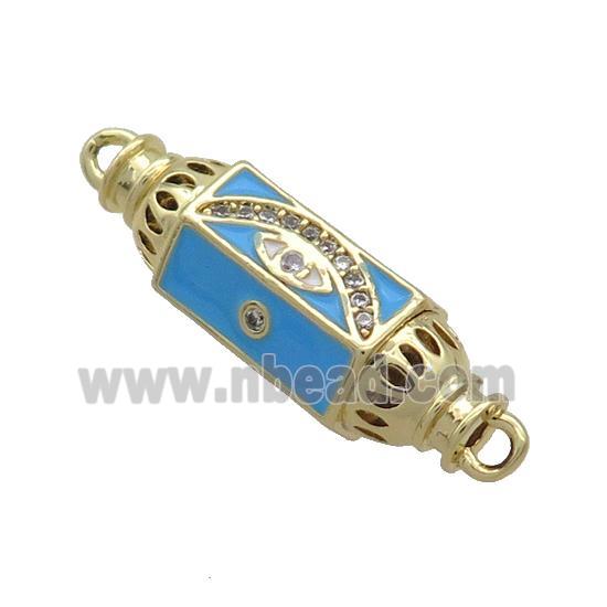 Copper Capsule Hexagon Connector Pave Zircon Blue Enamel Eye Gold Plated