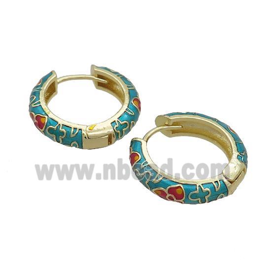 Copper Hoop Earrings Green Enamel Gold Plated