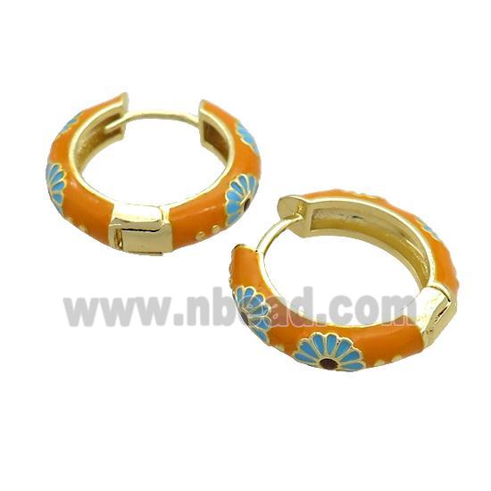 Copper Hoop Earrings Orange Enamel Gold Plated