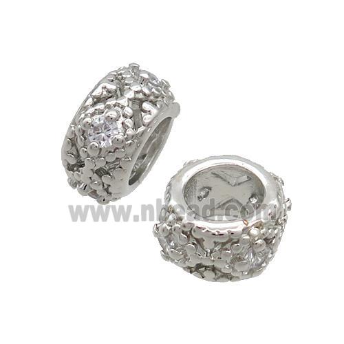 Copper Rondelle Beads Pave Zircon Large Hole Platinum Plated