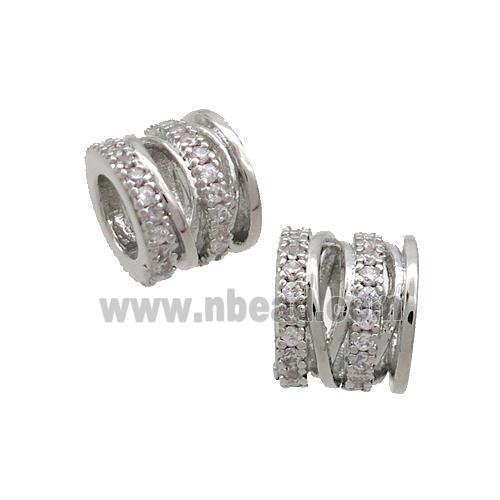 Copper Tube Beads Pave Zircon Large Hole Platinum Plated