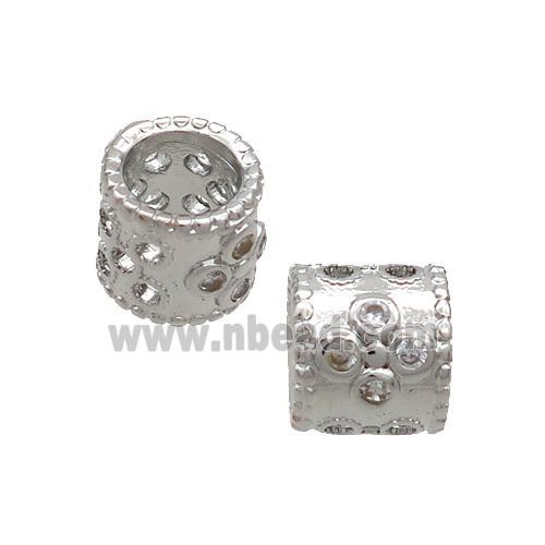 Copper Tube Beads Pave Zircon Large Hole Platinum Plated