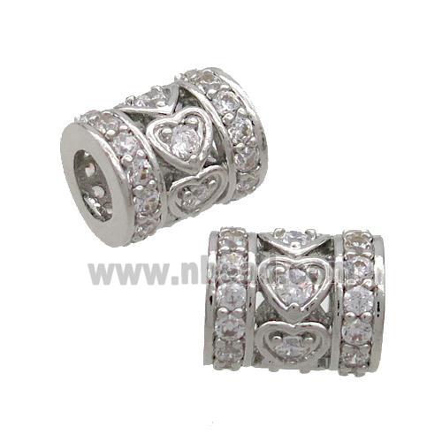 Copper Tube Beads Pave Zircon Large Hole Platinum Plated