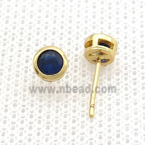 Copper Stud Earrings Pave Darkblue Zircon Gold Plated