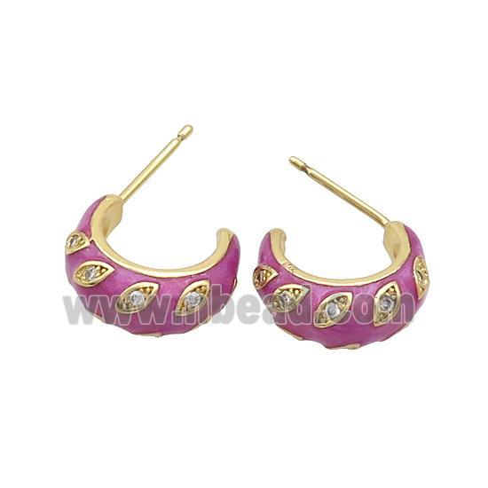 Copper Stud Earrings Pave Zircon Fuchsia Enamel Gold Plated