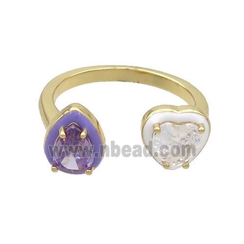 Copper Rings Pave Zircon Teardrop Heart Enamel Gold Plated