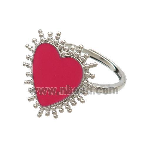 Copper Rings Heart Red Enamel Adjustable Platinum Plated