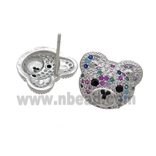 Copper Stud Earrings Pave Multicolor Zircon Bear Platinum Plated