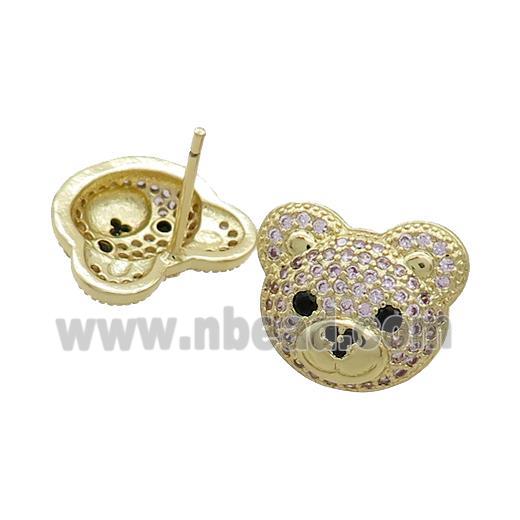 Copper Stud Earrings Pave Pink Zircon Bear Gold Plated