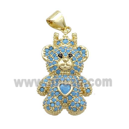 Copper Bear Pendant Pave Turqblue Zircon Gold Plated