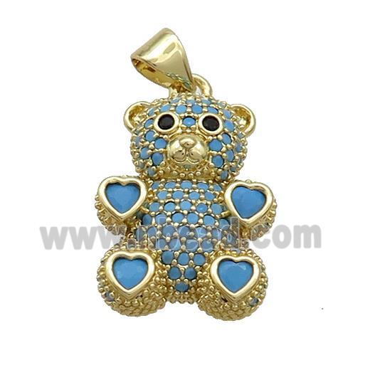 Copper Bear Pendant Pave Turqblue Zircon Gold Plated