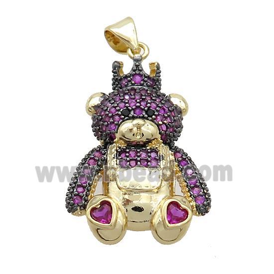 Copper Bear Pendant Pave Fuchsia Zircon Gold Plated