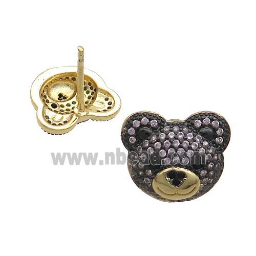 Copper Bear Stud Earrings Pave Zircon Gold Plated