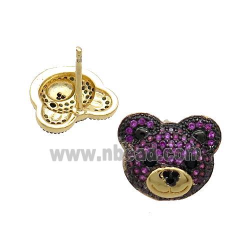 Copper Bear Stud Earrings Pave Fuchsia Zircon Gold Plated