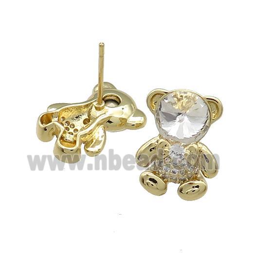 Copper Bear Stud Earrings Pave Zircon Crystal Glass Gold Plated