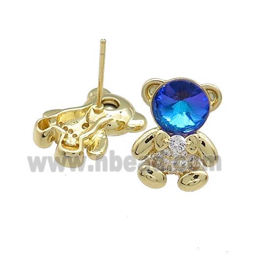 Copper Bear Stud Earrings Pave Zircon Crystal Glass Gold Plated