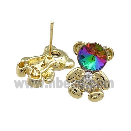 Copper Bear Stud Earrings Pave Zircon Crystal Glass Gold Plated