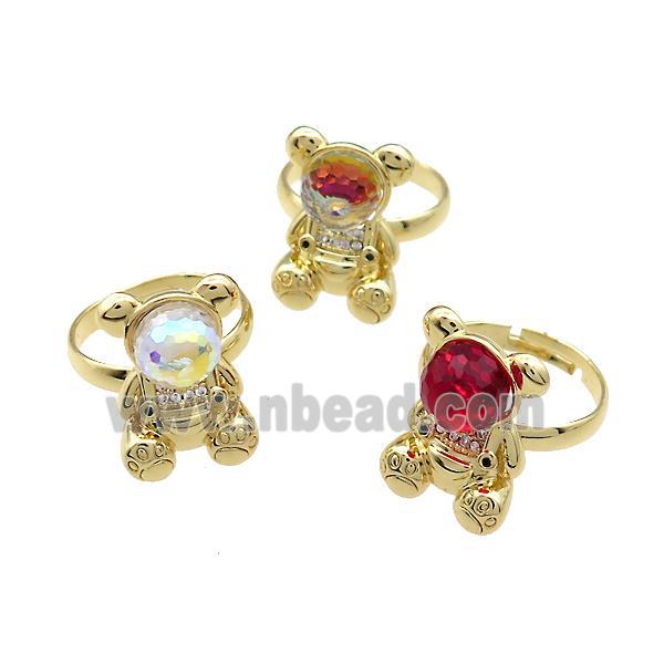 Copper Bear Rings Pave Zircon Crystal Glass Adjustable Gold Plated Mixed