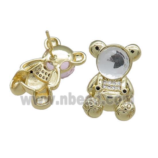 Copper Bear Stud Earrings Pave Zircon Crystal Glass Gold Plated