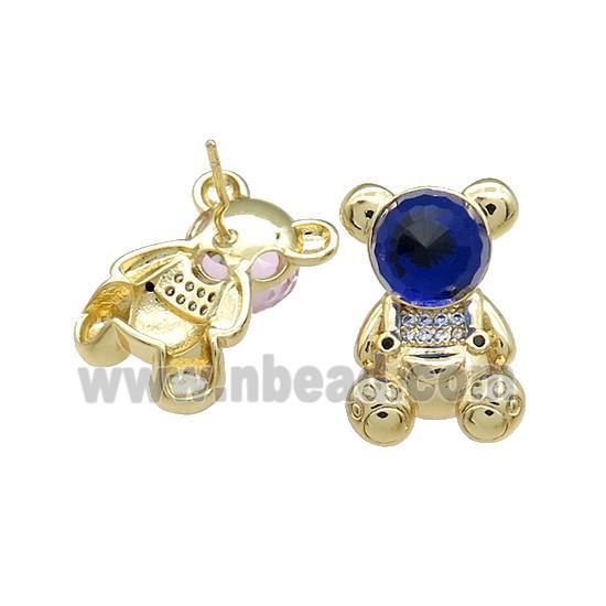 Copper Bear Stud Earrings Pave Zircon Crystal Glass Gold Plated