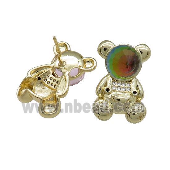 Copper Bear Stud Earrings Pave Zircon Crystal Glass Gold Plated