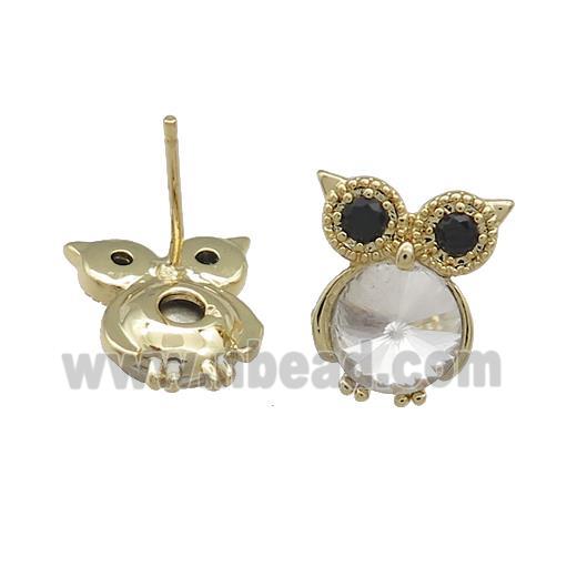 Copper Owl Stud Earrings Pave Crystal Glass Zircon Gold Plated