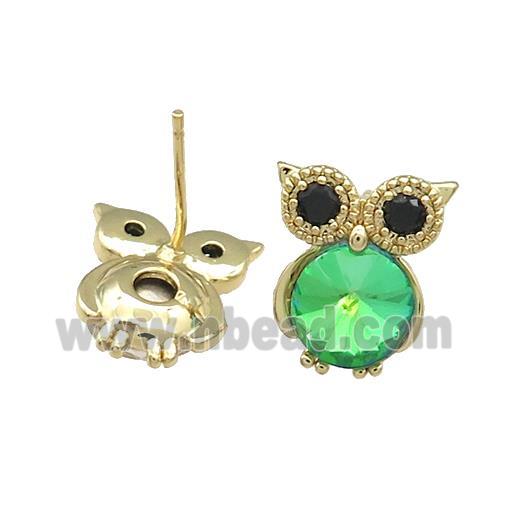 Copper Owl Stud Earrings Pave Crystal Glass Zircon Gold Plated