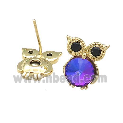 Copper Owl Stud Earrings Pave Crystal Glass Zircon Gold Plated