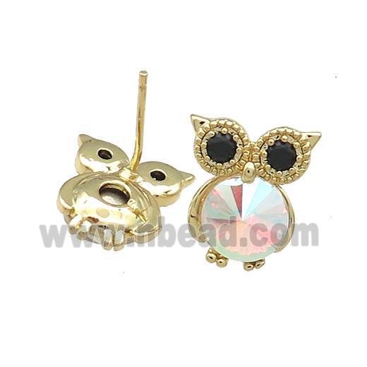 Copper Owl Stud Earrings Pave Crystal Glass Zircon Gold Plated