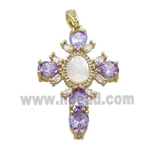 Copper Cross Pendant Pave Purple Zircon Shell Gold Plated