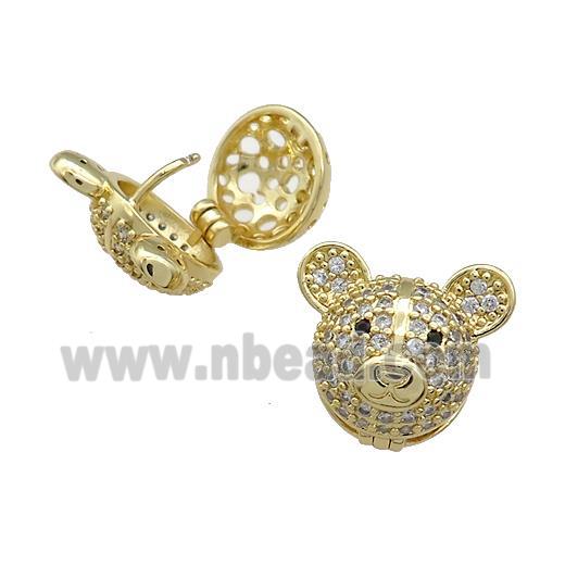 Copper Bear Stud Earrings Pave Zircon Gold Plated