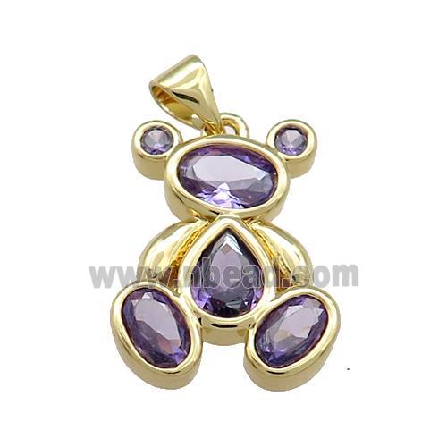 Copper Bear Pendant Pave Purple Zircon Gold Plated