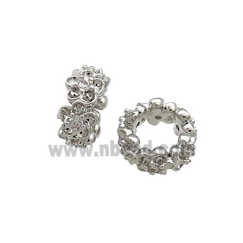 Copper Rondelle Beads Pave Zircon Large Hole Platinum Plated