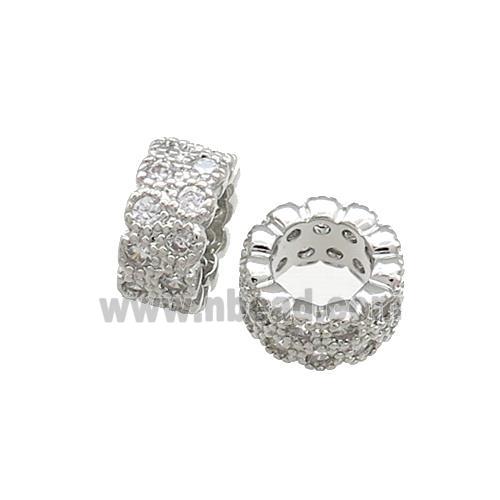 Copper Rondelle Beads Pave Zircon Large Hole Platinum Plated