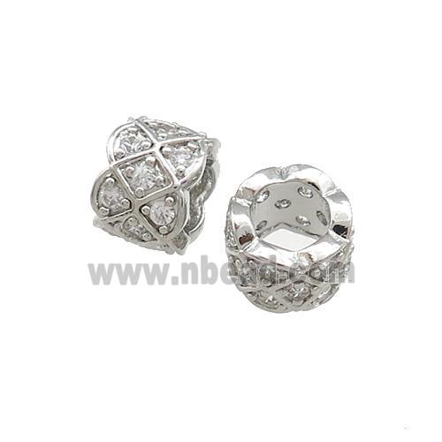 Copper Tube Beads Pave Zircon Large Hole Platinum Plated