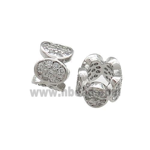 Copper Tube Beads Pave Zircon Large Hole Platnum Plated